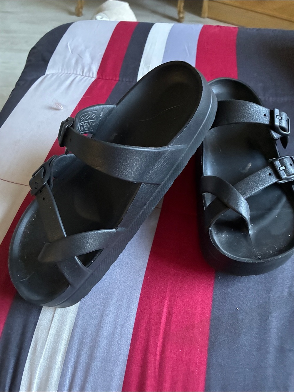 Women Black Slide Sandals with Buckle Straps - Unbranded